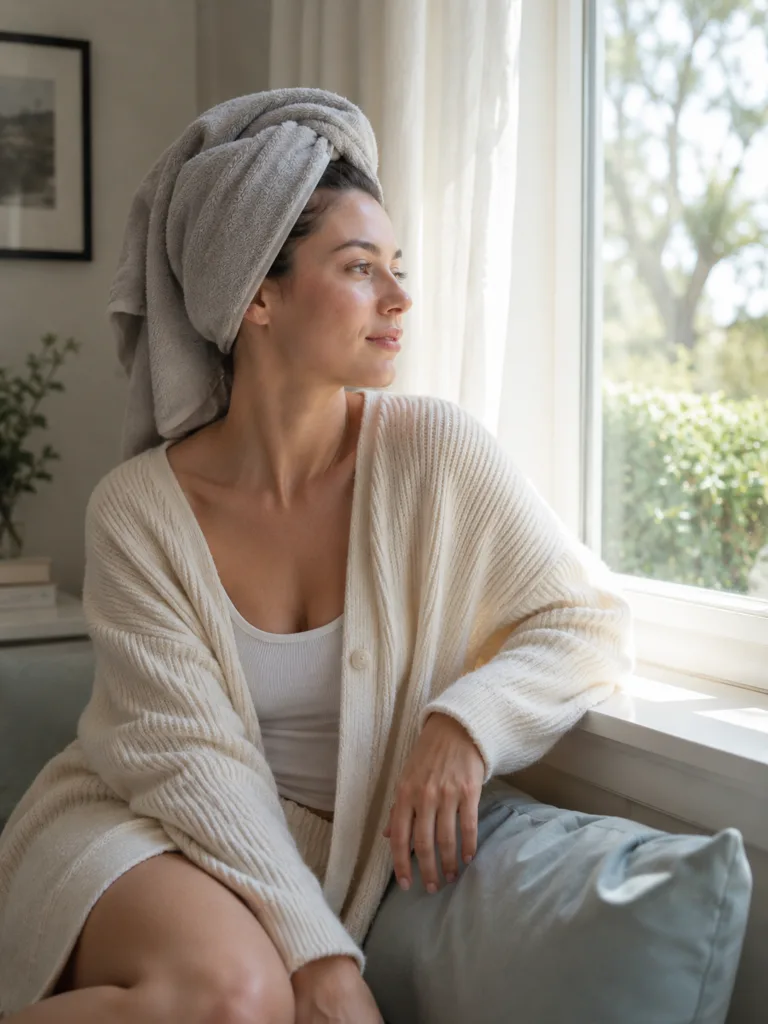 Woman air-drying her hair by a window instead of using a blow dryer