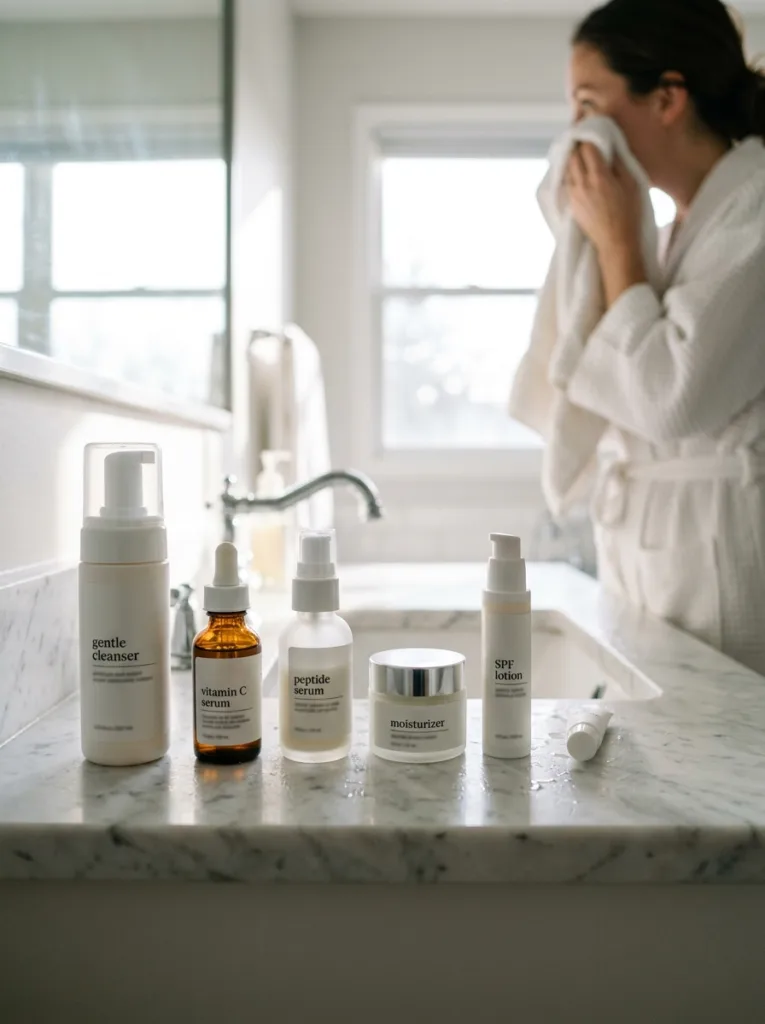 six anti-aging skincare products arranged in order on white bathroom counter from cleanser to SPF with blurred woman in background