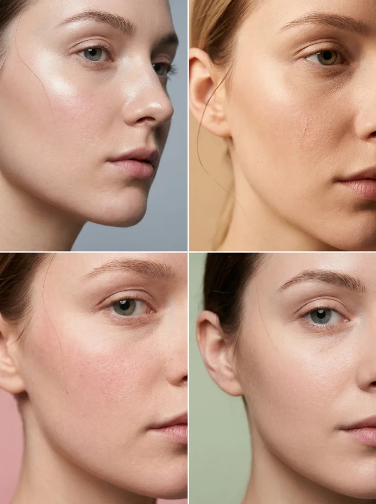 Four skin type close-ups showing how to match an ascorbic acid serum to oily, dry, sensitive, and combination skin