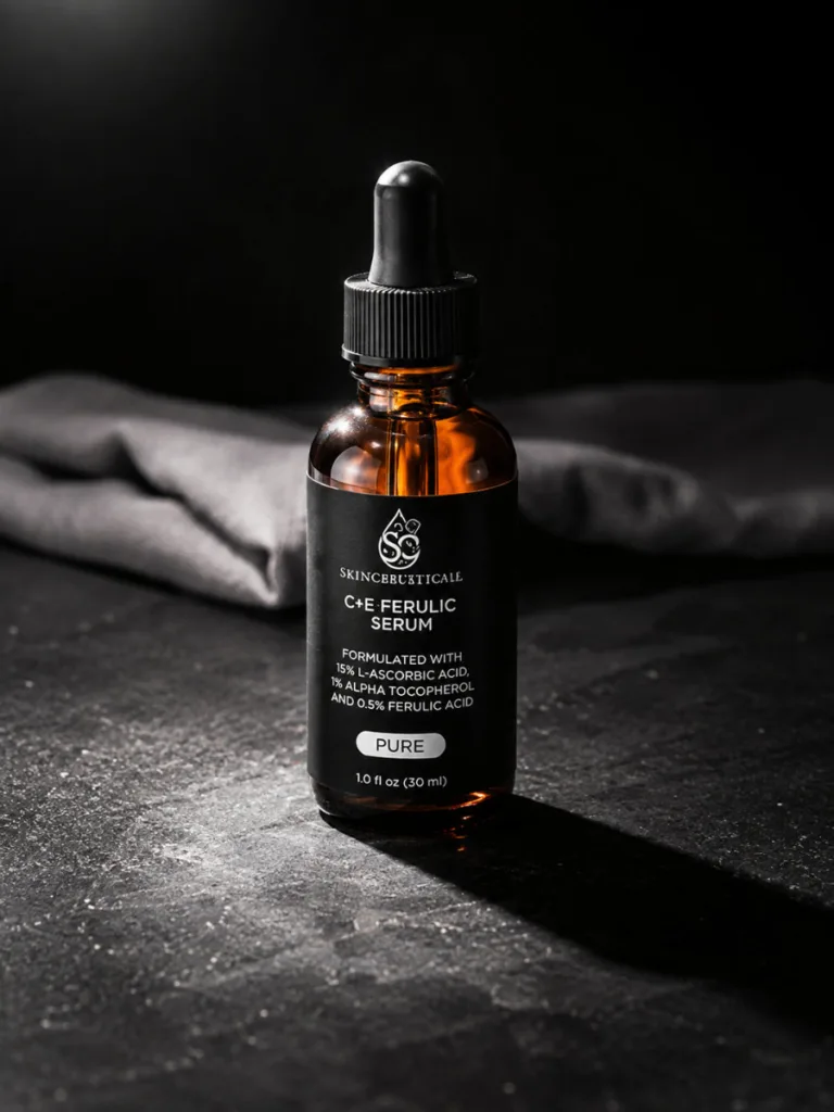 SkinCeuticals C E Ferulic vitamin C serum bottle on black granite