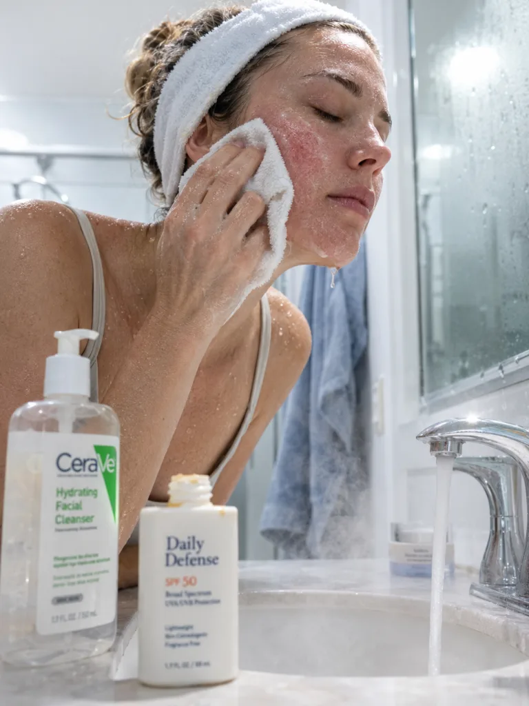 Woman over-scrubbing her face next to an uncapped, unused sunscreen bottle, two common mistakes that worsen fine lines
