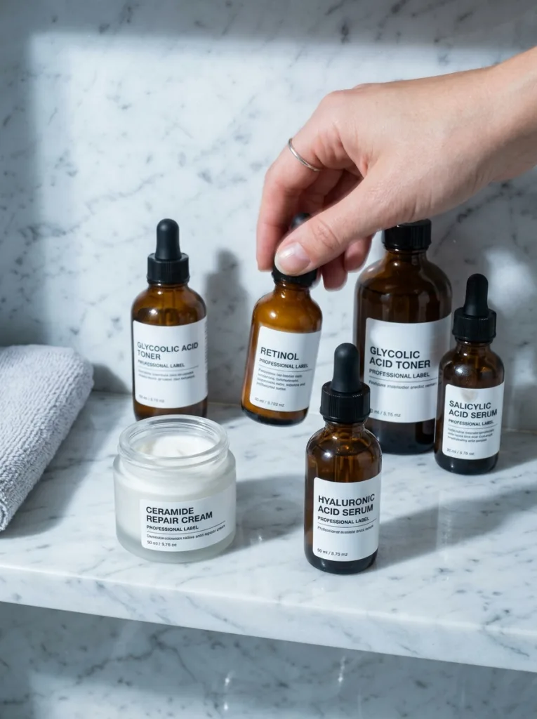 retinol glycolic acid salicylic acid bottles being set aside in winter for cold climate dry skin care