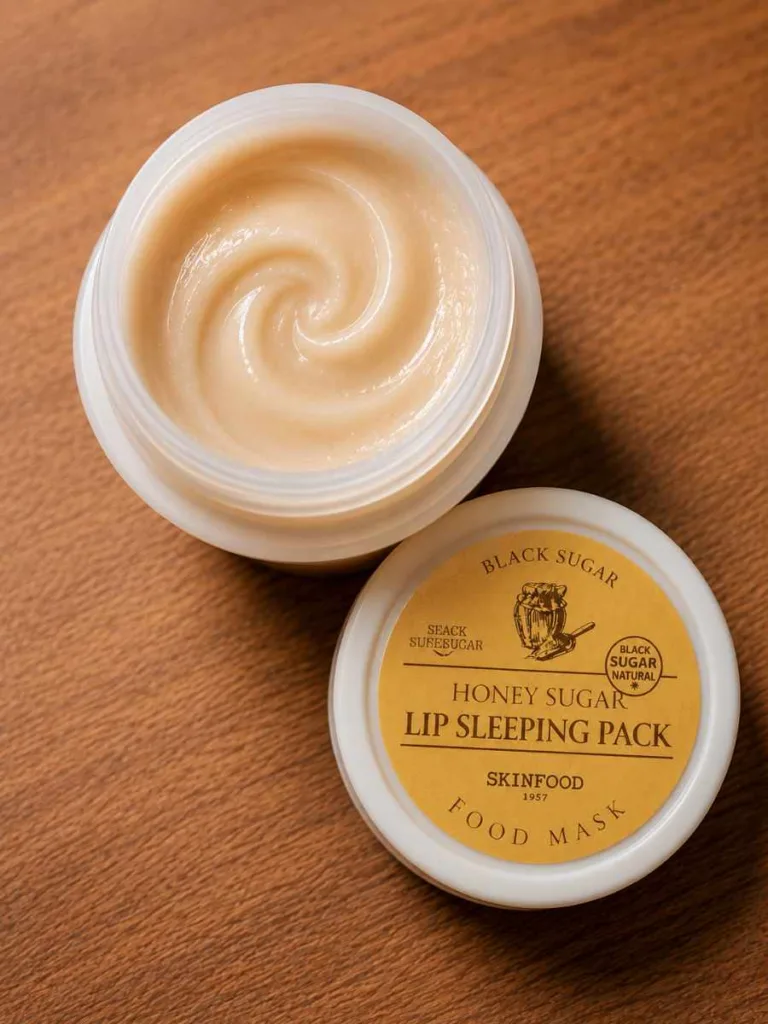 Close-up of Skinfood Black Sugar lip mask showing exfoliating granule texture