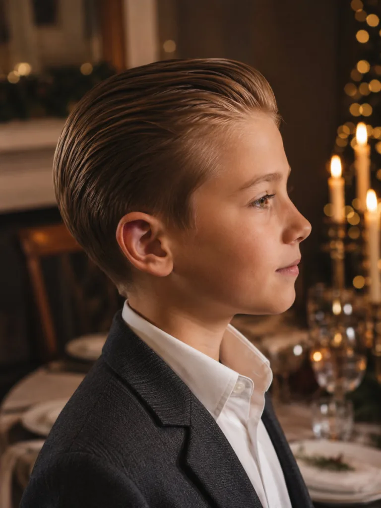 Sleek back hairstyle for boys, a polished christmas hairstyle for boys