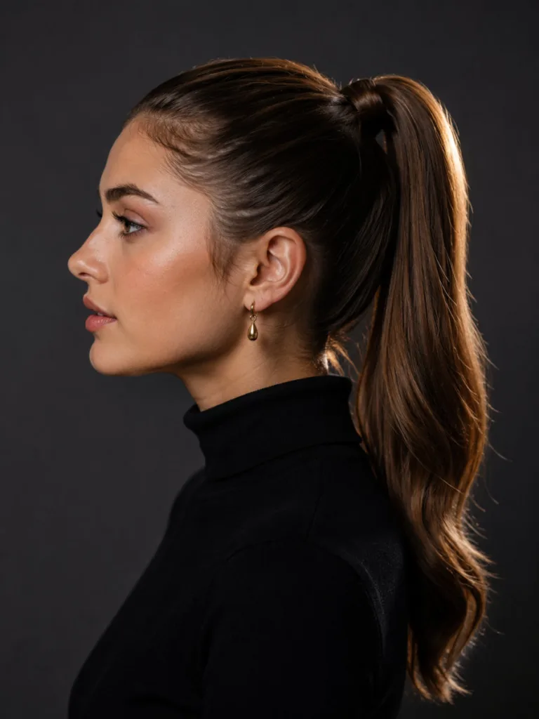 Side profile of a sleek high pony bun holiday hairstyle against a grey studio backdrop.