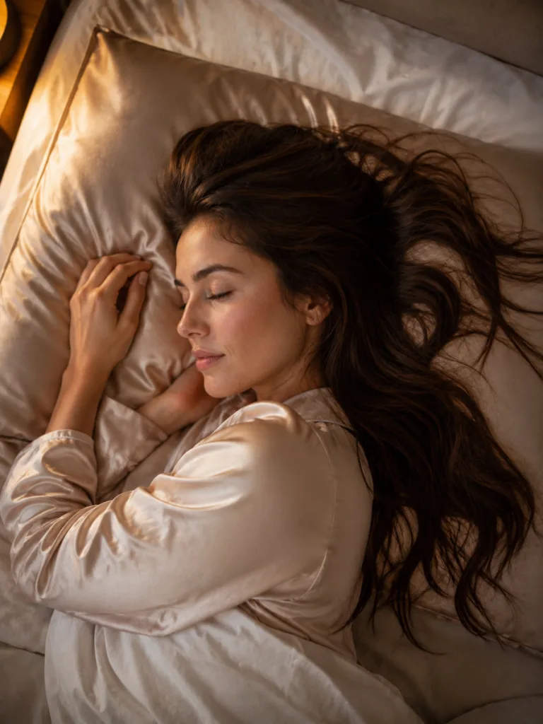 Woman sleeping on a silk pillowcase to protect long hair overnight