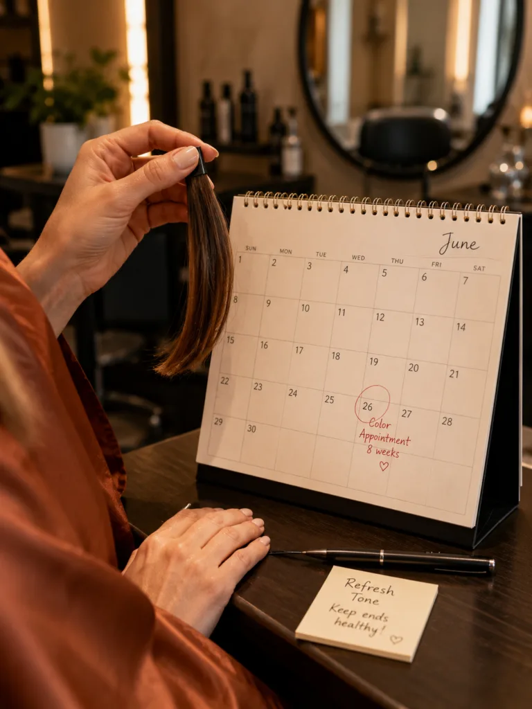 Hair color strand held against a calendar to plan spacing between treatments