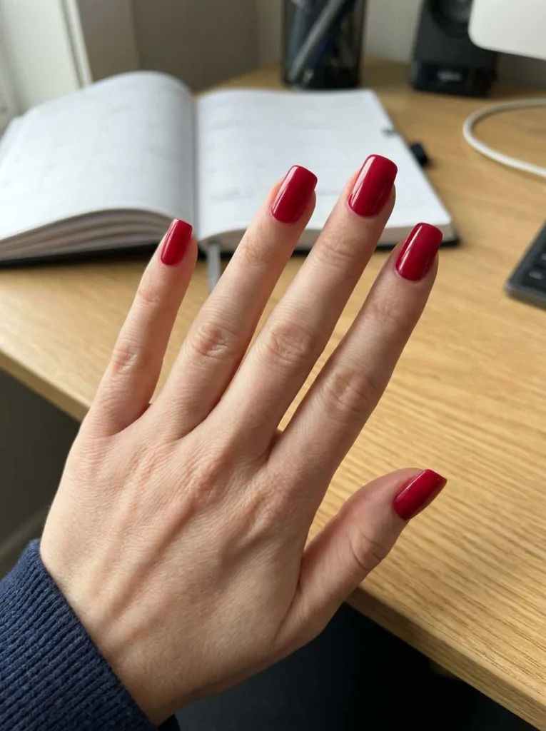 Squoval red christmas nail manicure on a hand resting near an open planner