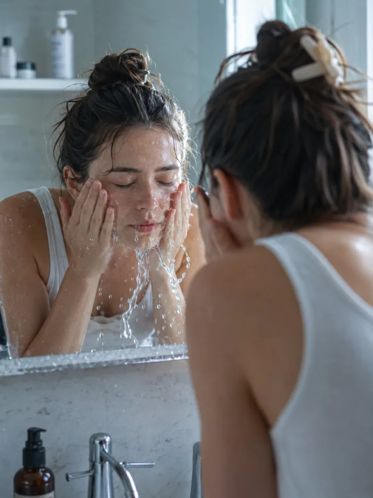 Woman splashing lukewarm water on her face while cleansing as part of a natural skin care routine