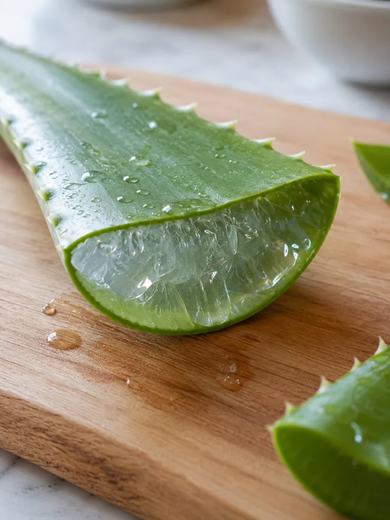 Fresh aloe vera leaf sliced open showing natural gel for sensitive skin