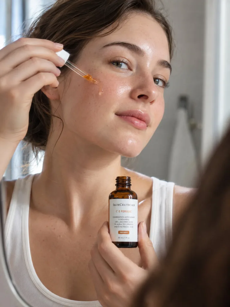 Woman applying natural vitamin C serum to brighten dull skin tone
