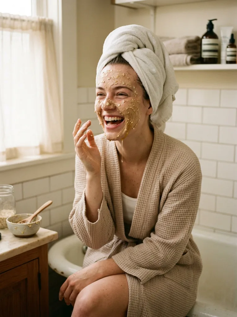 Woman wearing a natural honey and oatmeal face mask at home