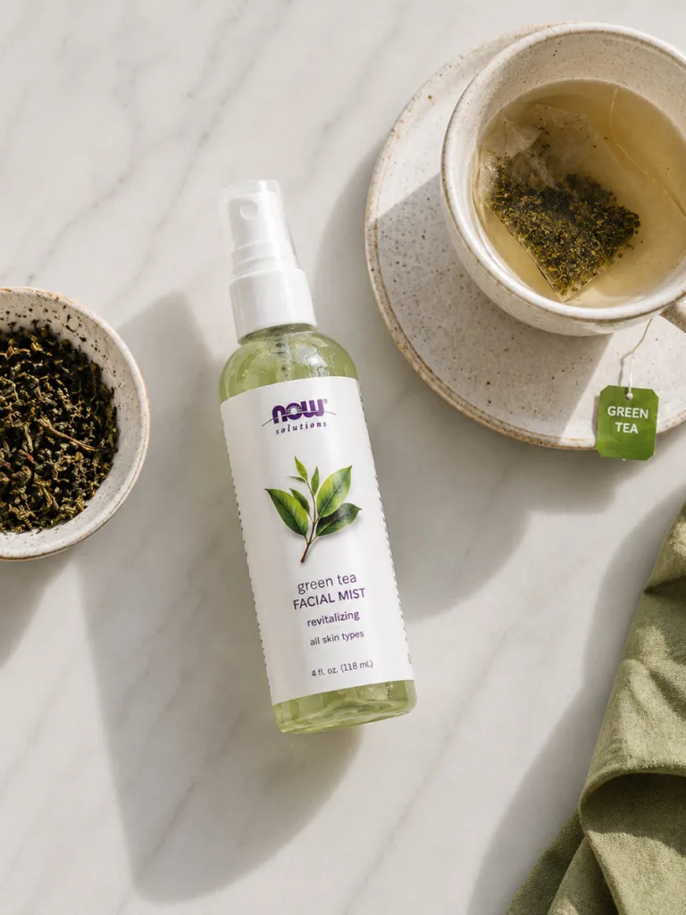 Homemade natural green tea toner in a glass spray bottle