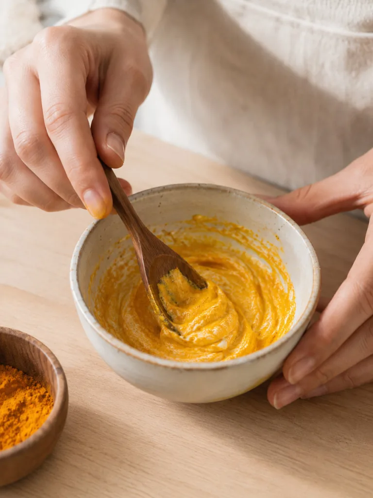 Hands mixing a natural turmeric and yogurt brightening mask