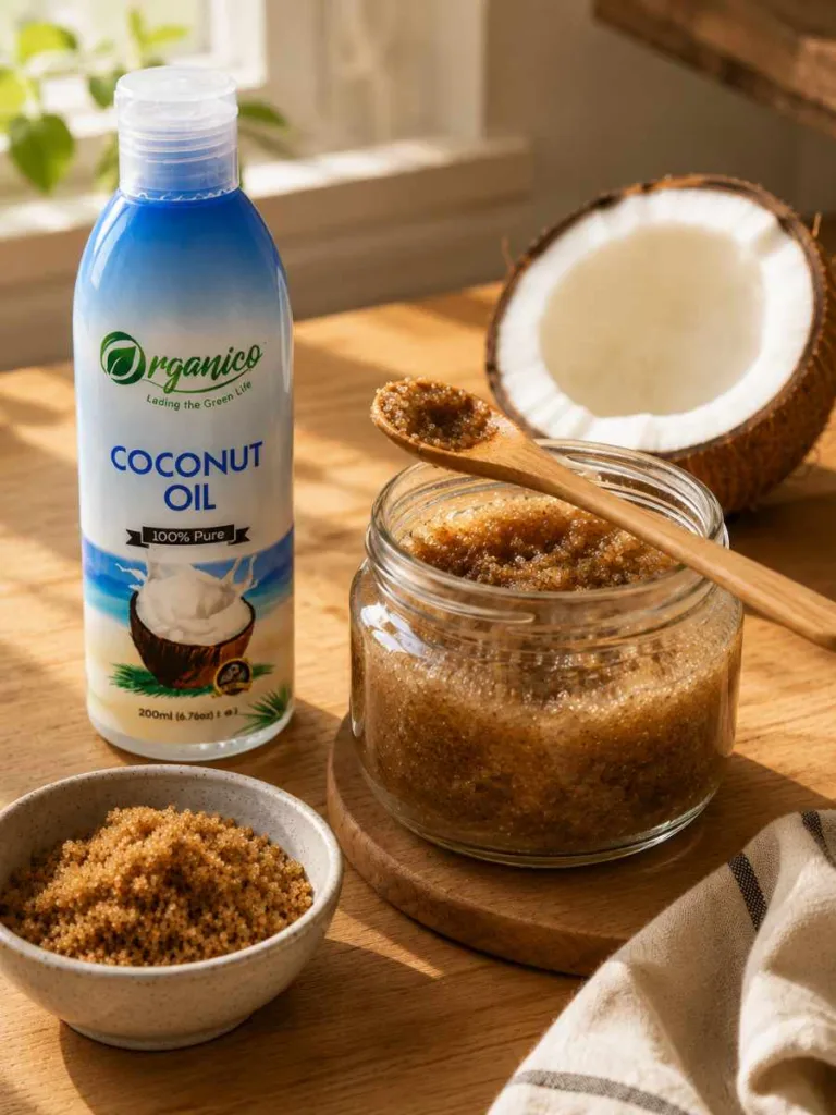 Natural coconut oil and brown sugar scrub in a glass jar