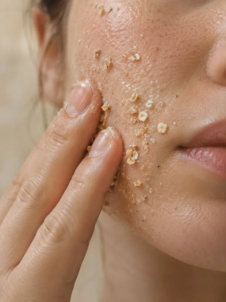 Close-up of fingers massaging a natural oatmeal exfoliant onto skin