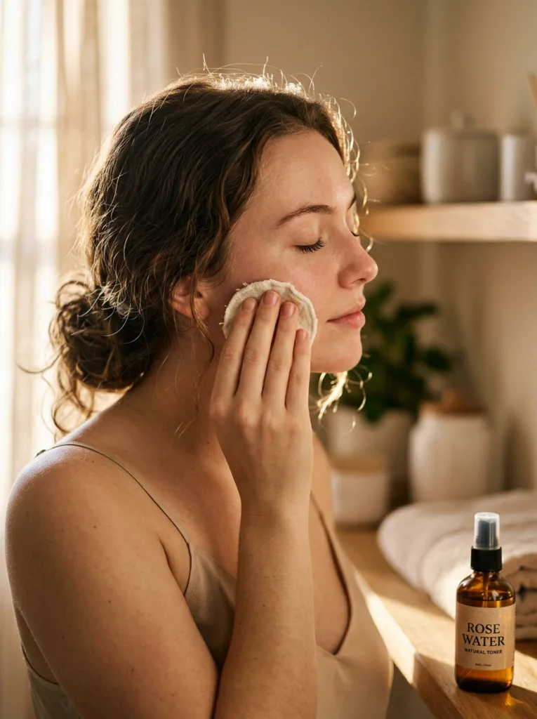 Woman applying natural rose water toner to her face with a cotton pad