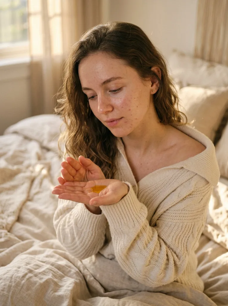 Woman warming natural plant oil in her hands before applying it to her face