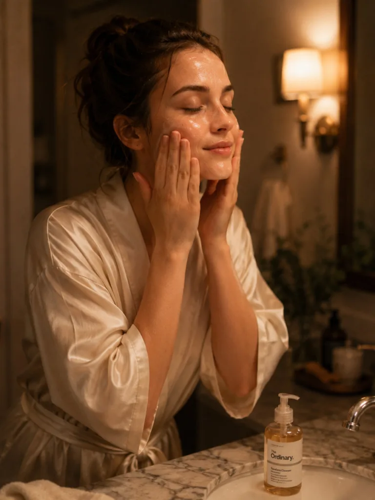 Woman double cleansing her face at night with an oil-based cleanser