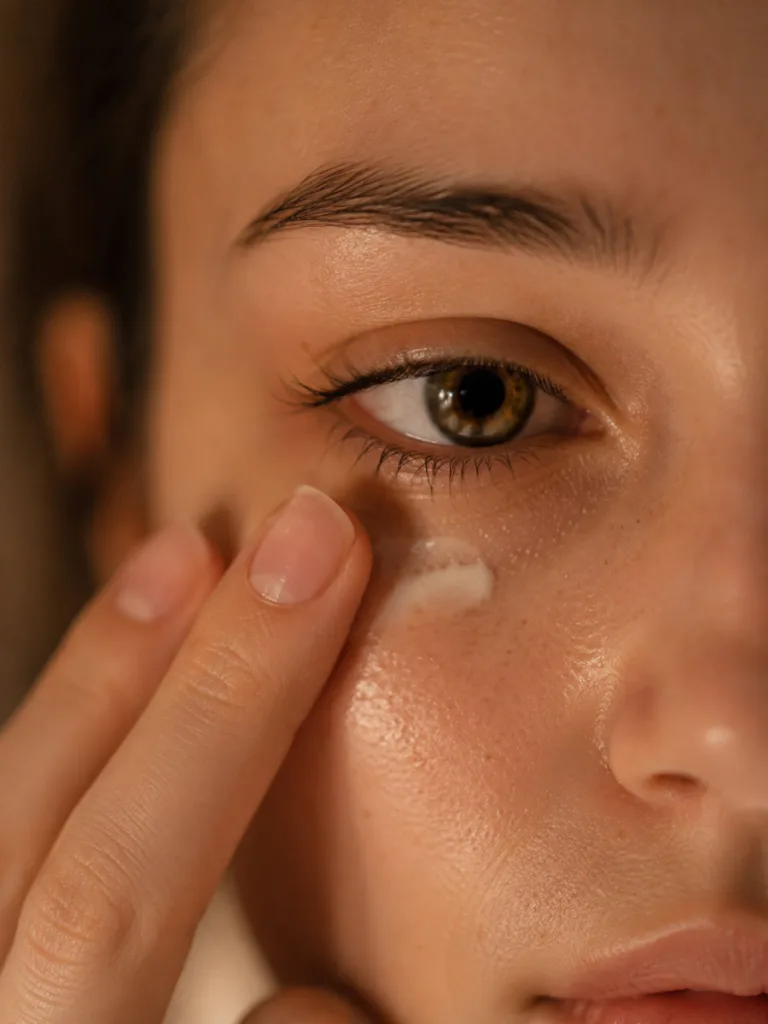 Close-up of a natural eye cream being applied with the ring finger