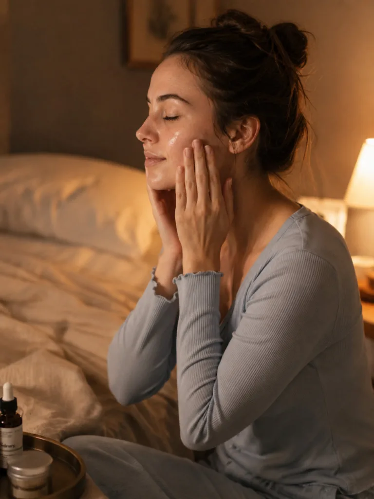 Woman applying natural night oil to her face before bed