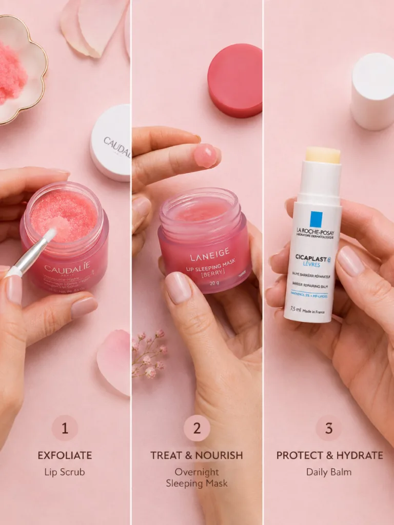 Three-step Korean lip balm routine: exfoliate, treat overnight, and hydrate daily