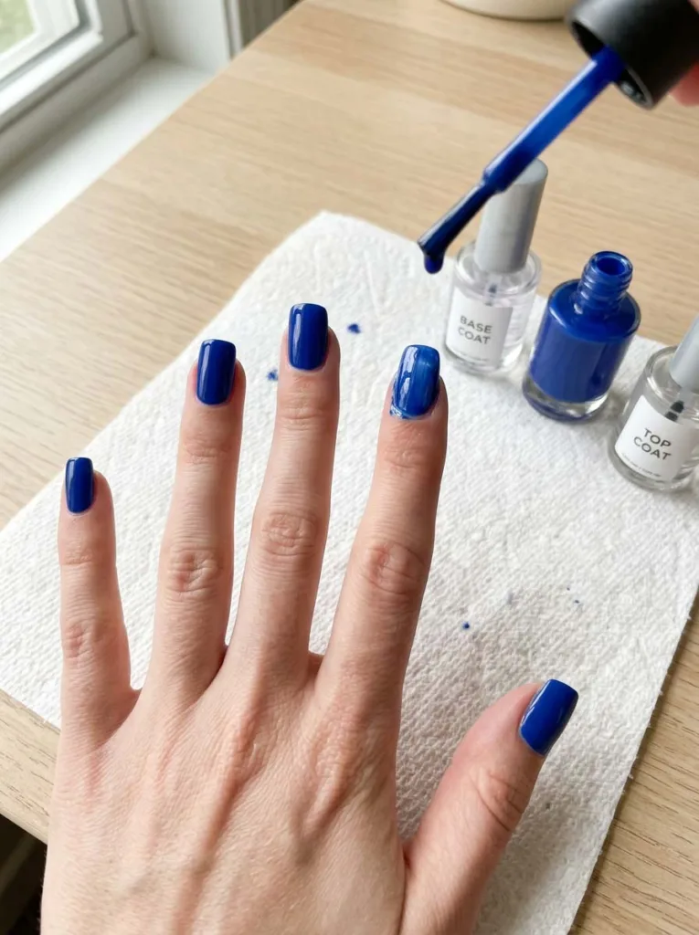 Step-by-step royal blue nail polish application with base coat, polish, and top coat