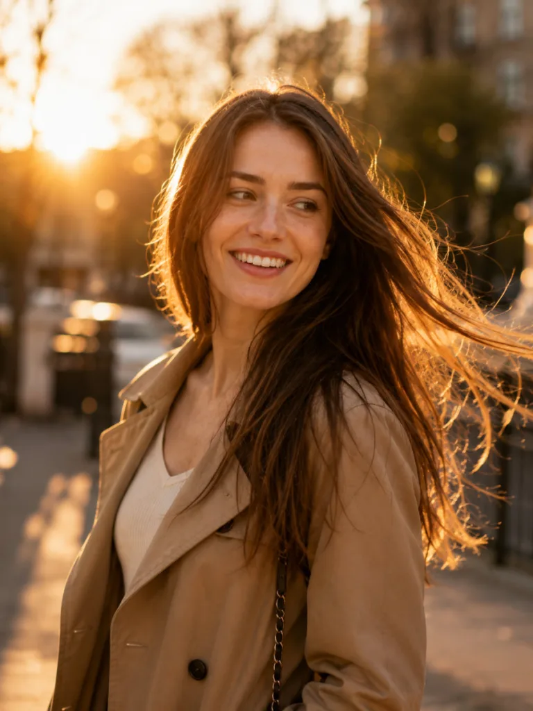 Woman with straight and wavy hair outdoors at golden hour, showing natural movement and shine