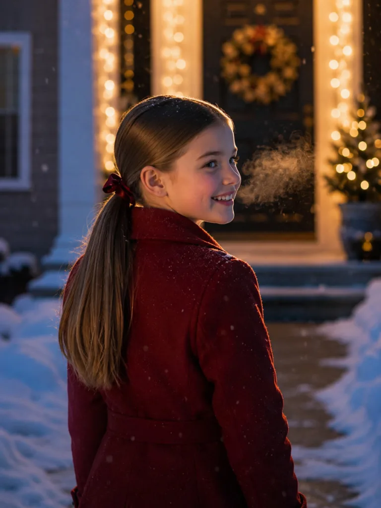 Low glossy ponytail hairstyle for straight hair, a sleek kids christmas hair idea