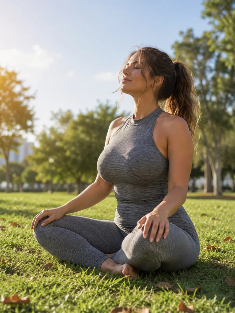 Woman stretching outdoors to manage stress that affects hair growth