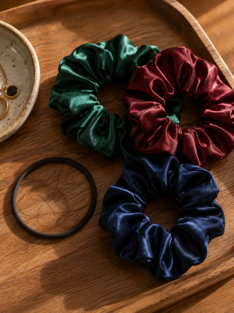 Silk scrunchies next to a rubber hair tie showing a gentler hair tie option