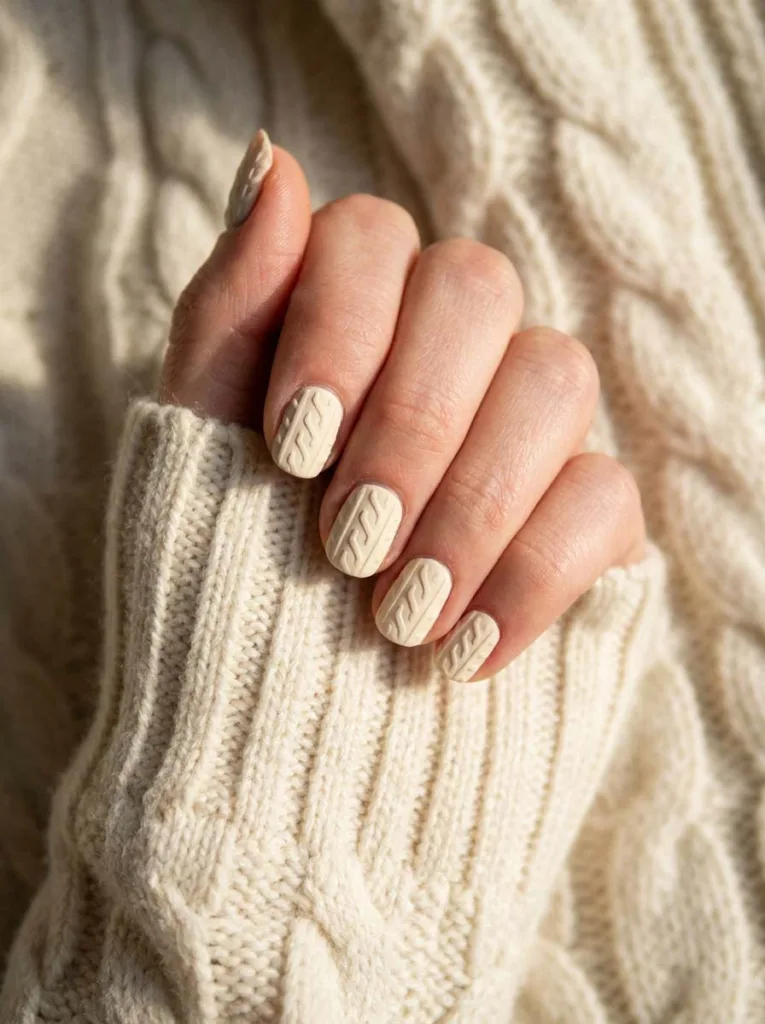 Sweater texture winter nails on matching cream knit background
