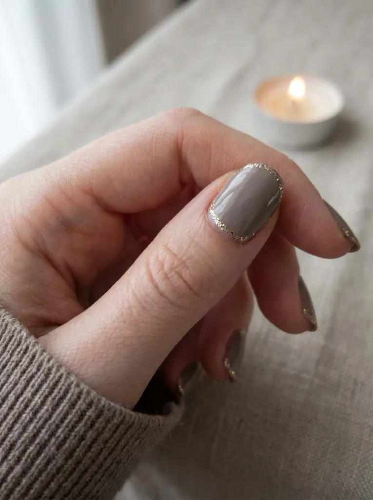 Taupe winter nails with glitter cuticle line close-up
