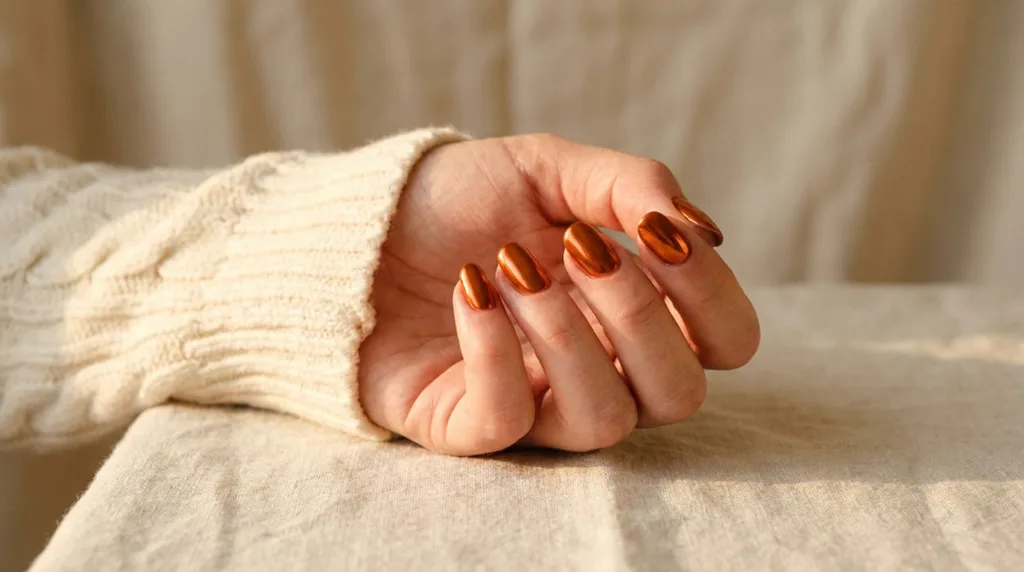 Close-up of burnt orange chrome Thanksgiving nails on a woman's hand