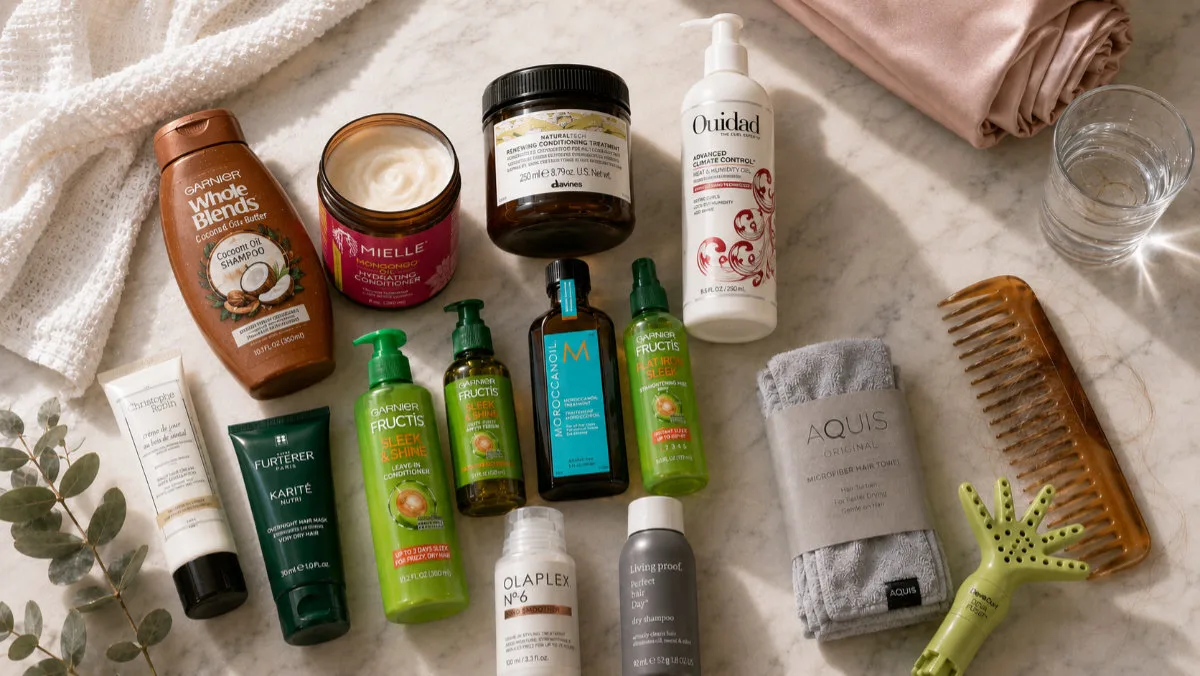Flat-lay of hair products for frizzy hair including serum, leave-in conditioner, and a silk pillowcase on a marble counter
