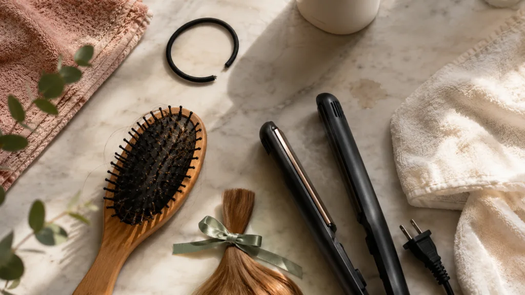 Flat lay of rubber hair ties, a towel, a flat iron, and a hairbrush showing hair habits that damage your hair
