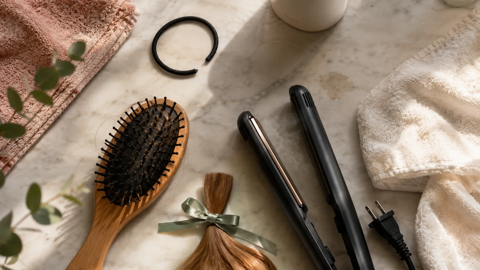 Flat lay of rubber hair ties, a towel, a flat iron, and a hairbrush showing hair habits that damage your hair