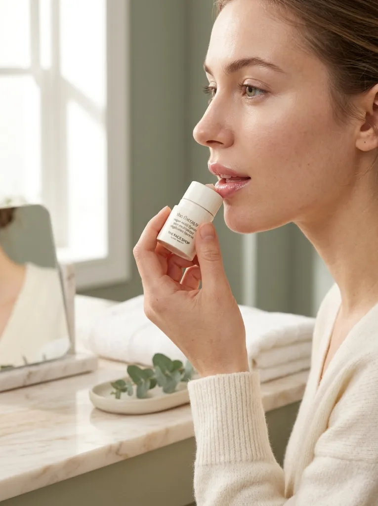 Woman applying The Face Shop The Therapy Vegan Multi Lipcerin in front of mirror on her lips