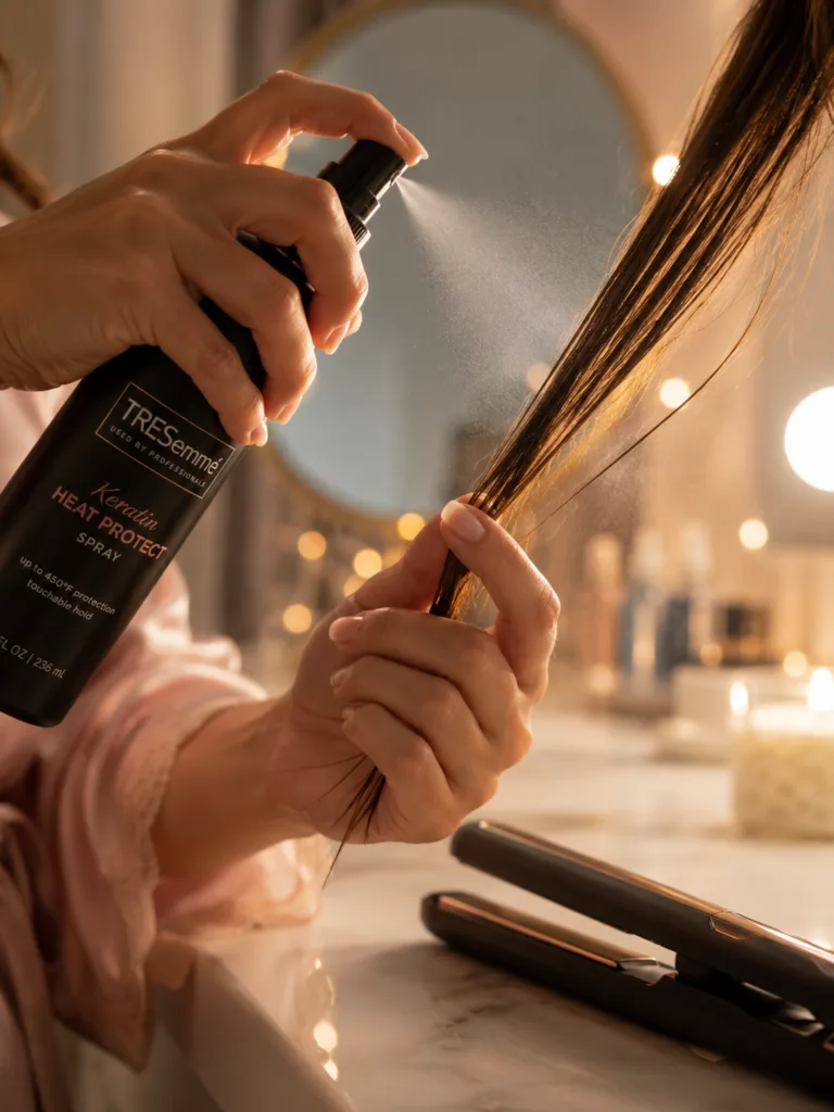 Applying heat protectant spray before styling to prevent hair damage