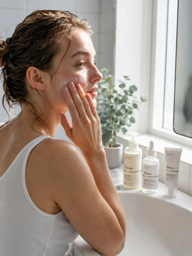 Woman applying morning skincare routine for dry skin with Ordinary products