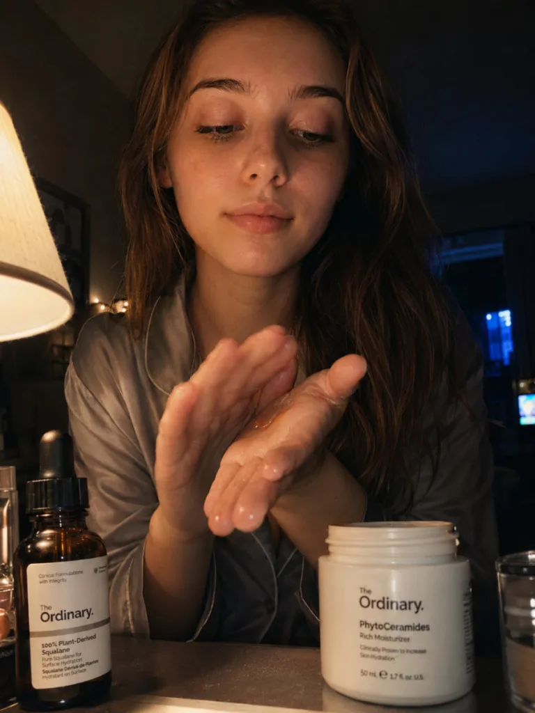 Woman applying The Ordinary night routine for dry skin before bed