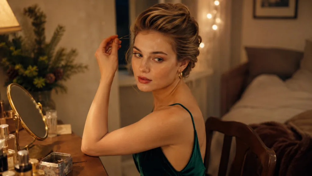 Woman in an emerald velvet dress finishing a classic holiday updo at a vanity mirror.