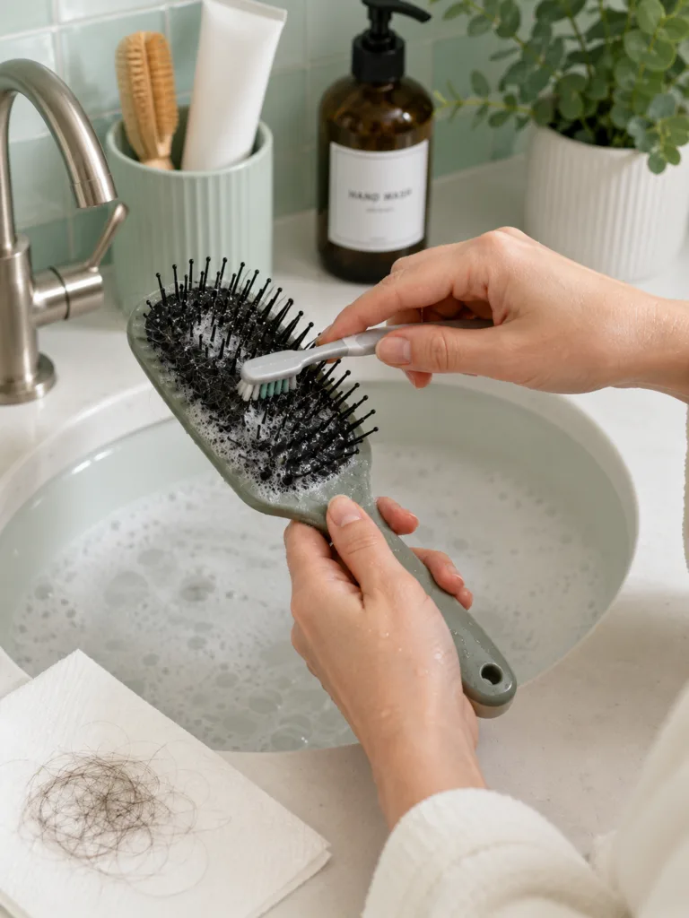 Cleaning a hairbrush in soapy water to remove product buildup
