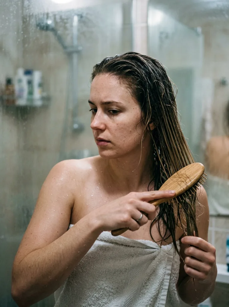 Woman brushing wet hair right out of the shower, a common long hair mistake
