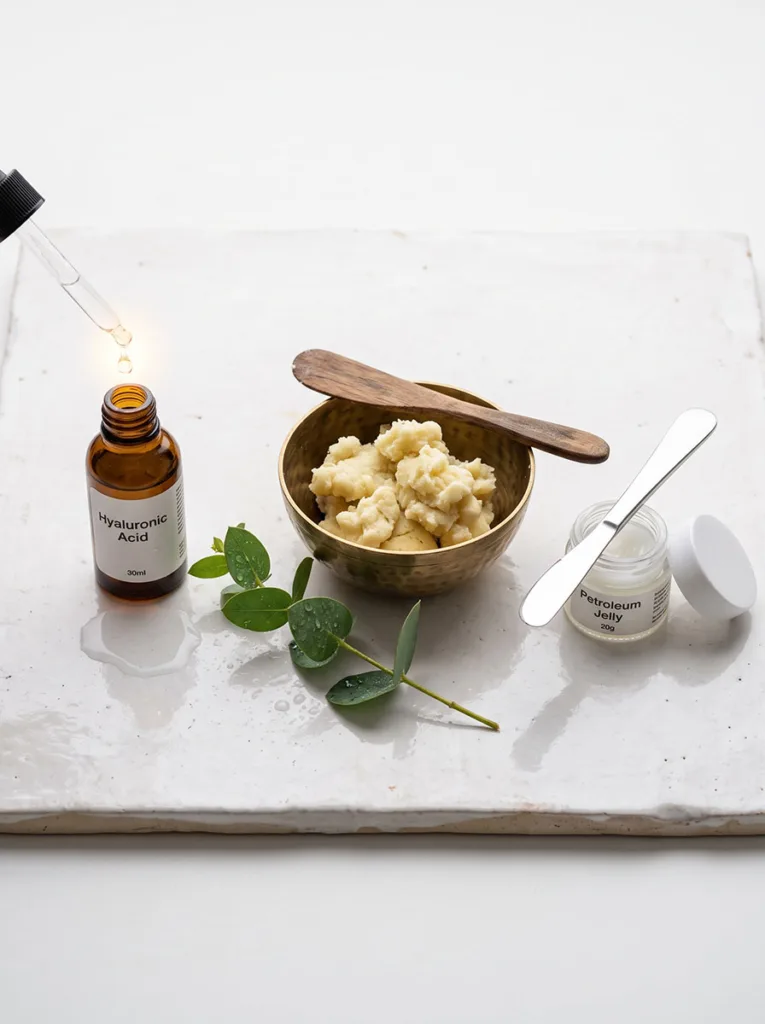 skincare ingredients for dry winter skin hyaluronic acid serum shea butter and petrolatum on white ceramic
