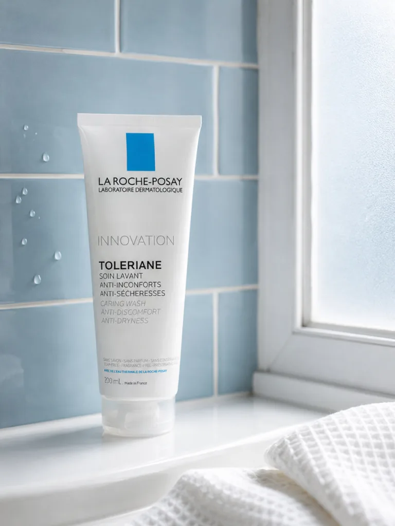 La Roche-Posay Toleriane Caring Wash tube standing on a bathroom sink ledge with water droplets