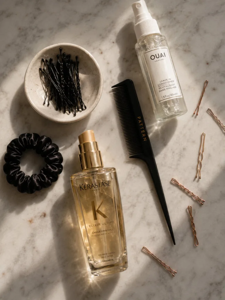 Flat-lay of bobby pins, setting spray, and styling tools that keep festive hair and holiday updos secure all night.