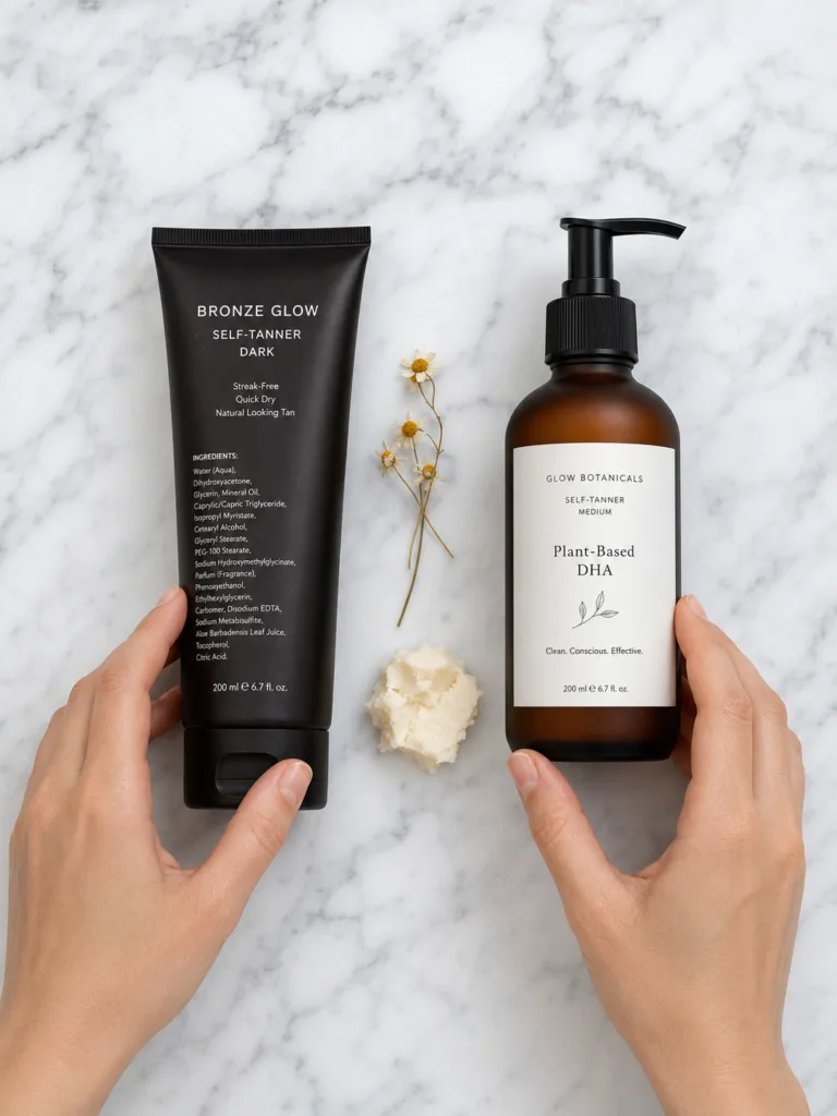 Two self-tanner bottles side by side on a marble countertop — one conventional with a warning label, one clean organic formula with botanical ingredients