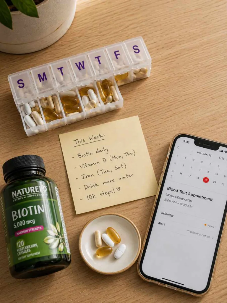 Weekly vitamin organizer and blood test reminder for hair health deficiencies