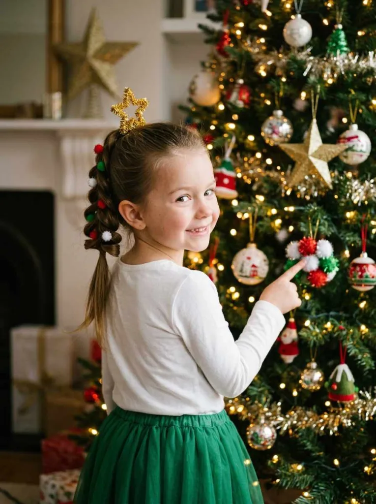 Tree pull-through braid styled to look like a Christmas tree